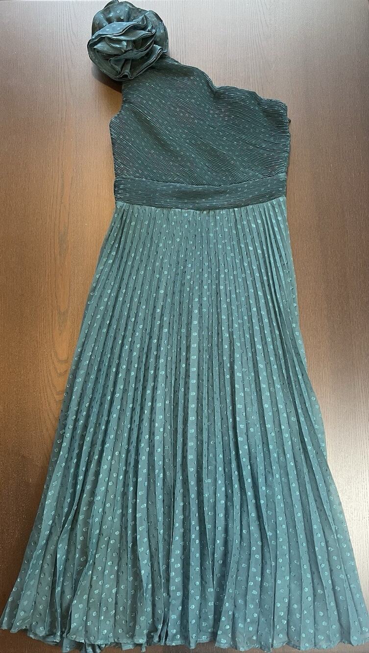 Lulus Special Charm Teal Pleated Swiss Dot One-Shoulder Midi Dress Size Medium